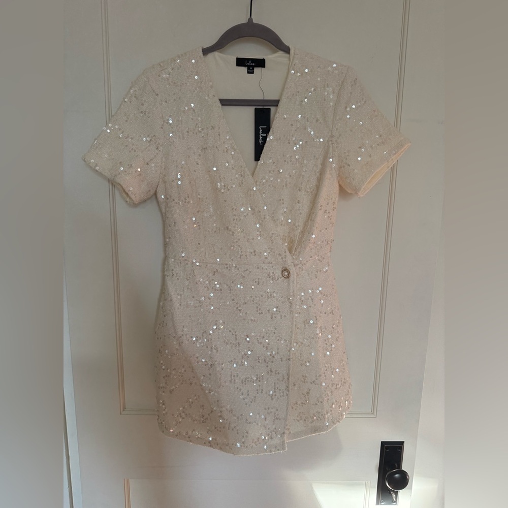 Sequin Wrap Mini Dress - Cream